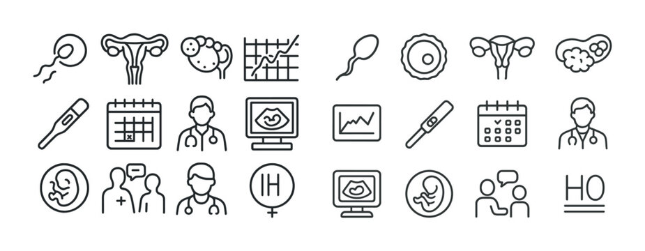Fertility and reproduction icons set: pregnancy, sperm, ovulation, charts, calendar, doctor