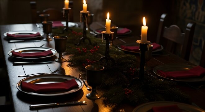 Atmospheric medieval style banquet table setting with lit candles, pewter goblets, metal plates, red napkins and pine garland decoration for a rustic Christmas or historical dinner