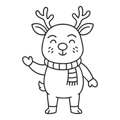 line art of reindeer with scarf waving his hand with smile vector