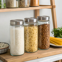 three pantry jars containing raw food rice