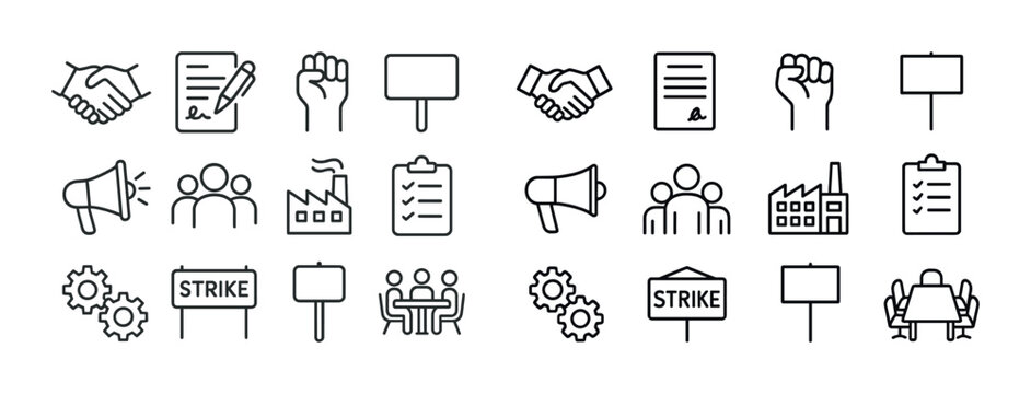 Labor strike and negotiation icon set with industrial and meeting symbols