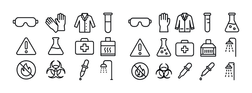 Laboratory safety equipment and hazard symbols icons set