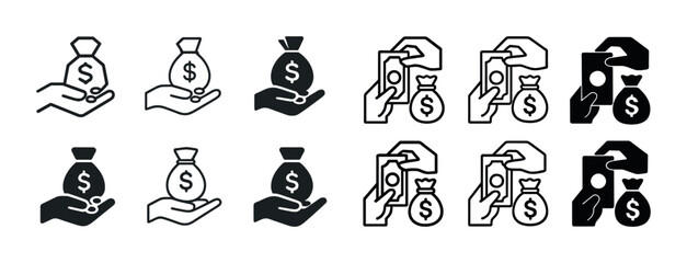 Fototapeta premium Hand icons with money bags and currency symbols in black and white