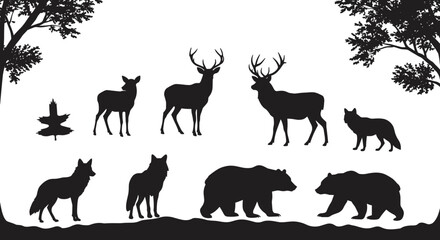 Forest wildlife silhouettes, deer, elk, wolves, bears, trees, bird, nature illustration, black figures, outdoor design, wilderness art, educational reference