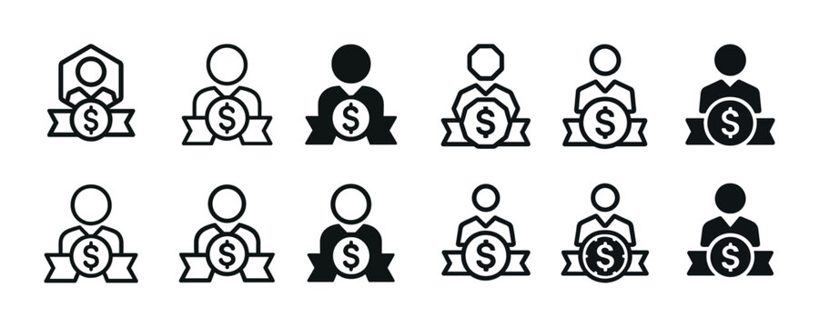 Simple money award and currency symbol icons set in black and white