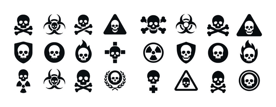 Danger symbols collection: skulls, biohazard, radiation icons in black