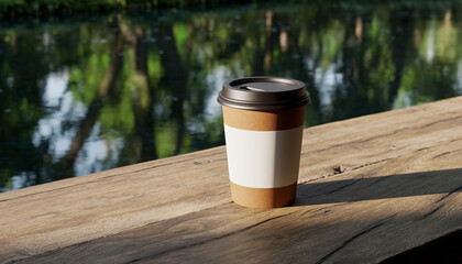 Brown paper coffee cup with blank white label sits on rustic wooden table outdoors, reflecting in calm water with lush green background, evoking peaceful and natural atmosphere