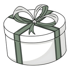 white round gift box with green ribbon and bow