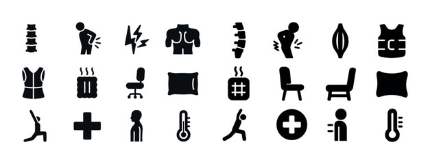 Back pain relief icons collection: therapy, exercise, posture, wellness