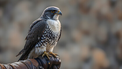 Bird eagle sitting on the arm of a glove in an outdoor setting with natural light creating a calm moment that highlights the interaction between wildlife and a human presence