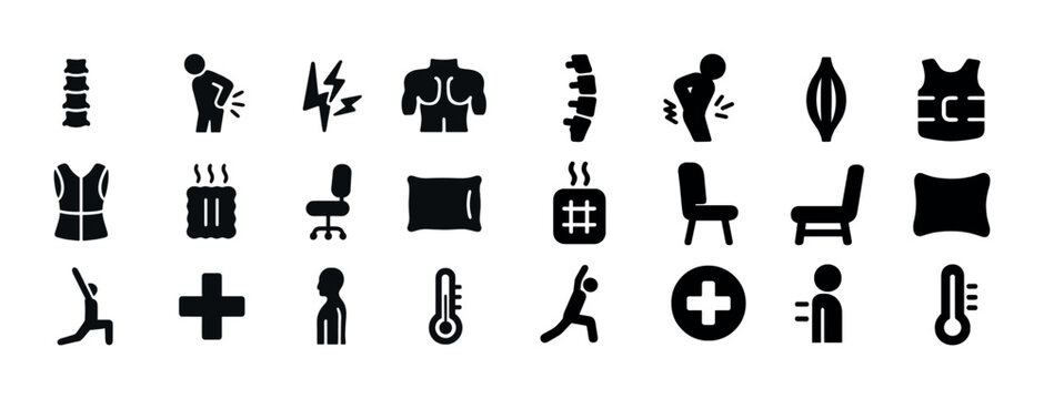 Back pain relief icons collection: therapy, exercise, posture, wellness