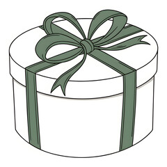 white round gift box with green ribbon and bow
