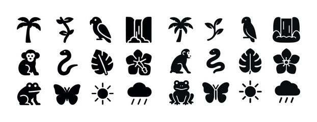 Obraz premium Tropical icons: animals, plants, and weather symbols