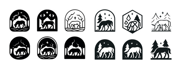 Black and white deer silhouettes in nature-themed geometric frames