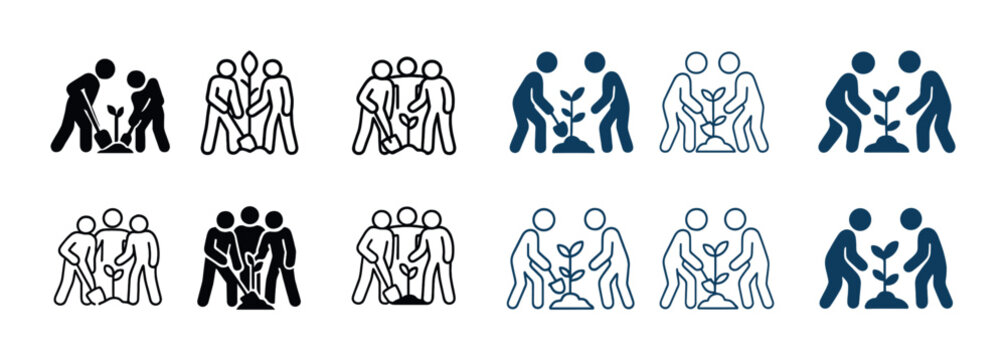 Icon set of people planting trees: teamwork, growth, nature, collaboration
