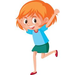 Energetic Young Girl with Orange Hair Wearing a Blue Shirt and Green Skirt Celebrates with Arms Raised in Joyful Motion on a Transparent Background