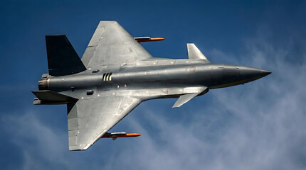 Futuristic Stealth Combat Drone Flying in Blue Sky - Unmanned Aerial Vehicle with Missiles 3D Illustration