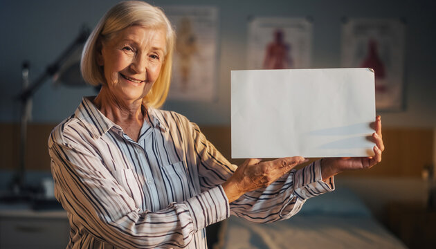Elderly woman in striped shirt holding empty medical signboard in clinic, smiling warmly, soft lighting, healthcare concept