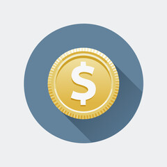 Obraz premium Flat design vector icon of a shiny gold dollar coin. A simple symbol representing money, currency, finance, investment, and business success