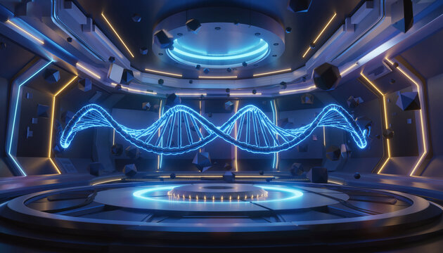Futuristic genetic engineering concept glowing double helix structure blue neon light in high tech laboratory interior, advanced science innovation, modern technology