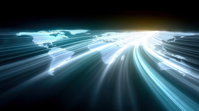 A stylized digital representation of the Earth's continents, illuminated by bright, radiating light streaks against a dark background, symbolizing global connec