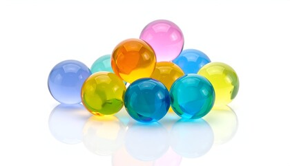 Colorful translucent orbs, arranged in a small pile, reflecting on a white surface