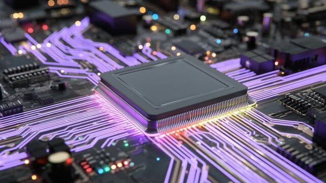 Technological Core: A high-angle close-up view of a central processing unit (CPU) chip, bathed in neon light.