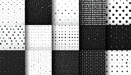 Assortment of monochrome patterns dots, specks, lines, varying sizes, light to dark