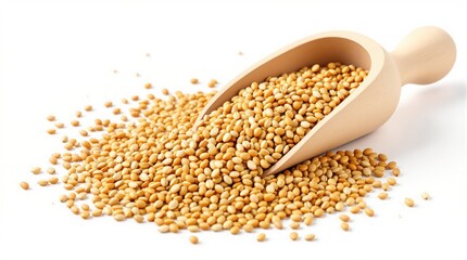 Sesame seed in wooden scoop with scattered seeds