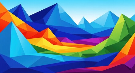 Vibrant Geometric Mountain Landscape: Abstract Polygonal Art with Rainbow Colors.