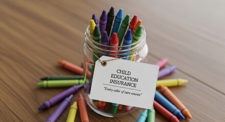 Jar filled with colorful crayons with child education insurance label