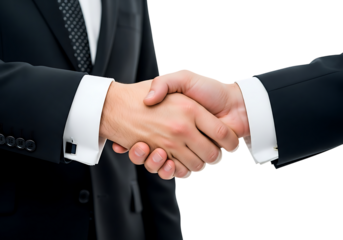 Two men in dark suits shaking hands with white cuffs and cufflinks handshake business