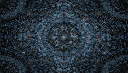 Intricate organic radial patterns with micro detail texture, dark atmospheric background, symmetrical abstract design, circular lines, mysterious and mesmerizing visual effect