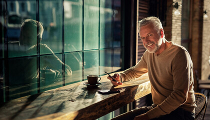 Relaxed older man sitting at wooden counter with coffee and smartphone, sunlight streaming through large window, casual atmosphere, warm smile, cozy cafe setting, peaceful morning