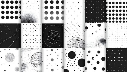 Black and white abstract patterns of dots and circles; various arrangements
