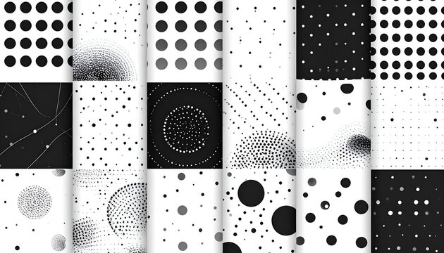 Black and white abstract patterns of dots and circles; various arrangements - Powered by Adobe