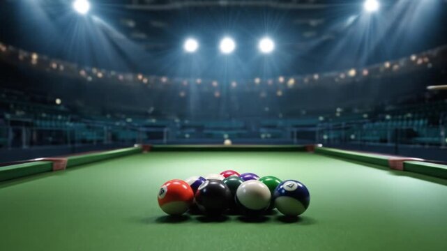 Bright arena lights illuminate a green pool table; a cluster of colored balls rests at center. frame