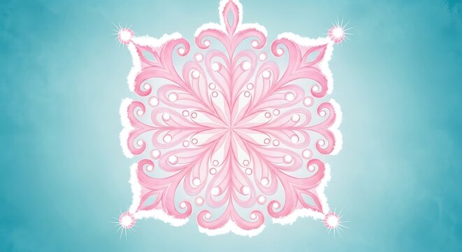Delicate pink snowflake design with sparkling accents against a soft blue winter background art