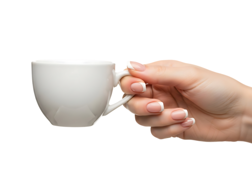 Woman's hand holding a white coffee cup with French manicure image - Powered by Adobe