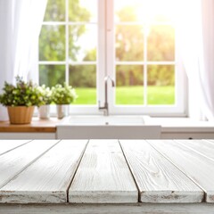 Fototapeta premium A rustic wooden table, elegantly distressed with white paint, adorned with a vibrant bouquet of fresh flowers in a charming vase, creating a warm ambiance.