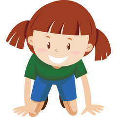 Happy cartoon girl with brown hair in pigtails wearing a green shirt and blue shorts crawling on a transparent background a playful child engaging in movement and activity