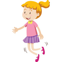 Happy young girl with blonde hair in a pink shirt and purple skirt jumping with joy on a white background, her arms outstretched and a cheerful expression, symbolizing fun and childhood energy in a