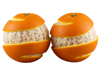 Two partially peeled oranges with visible segments and pith citrus fruit