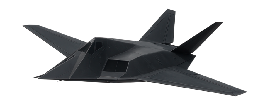 Covert aircraft featuring angular design and concealed weapon storage.