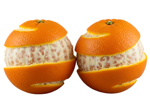 Two partially peeled oranges with visible segments and pith citrus fruit