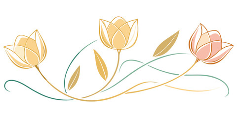 Elegant floral design featuring three stylized lotus or tulip flowers in soft pastel yellow, pink, and gold with flowing teal lines. Perfect for invitations, wedding decor, and sophisticated spring th