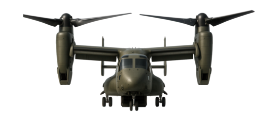 Tiltrotor assault aircraft featuring a dual-mode rotor and rear cargo ramp.