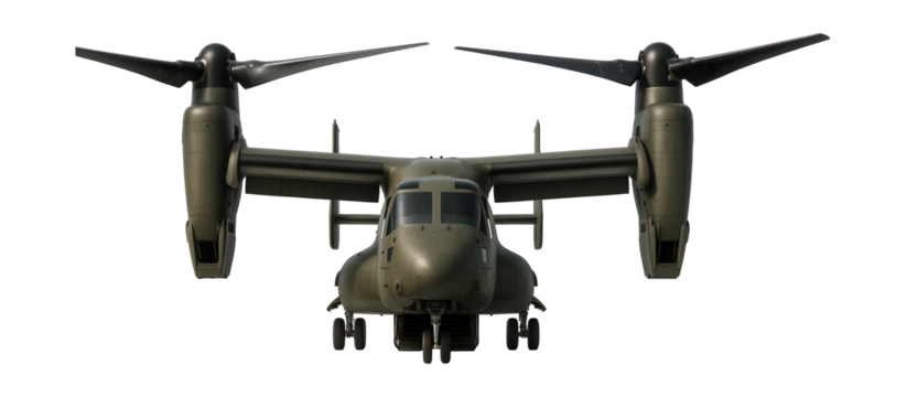 Tiltrotor assault aircraft featuring a dual-mode rotor and rear cargo ramp.
