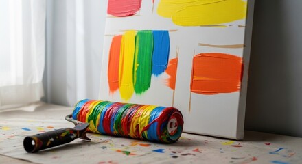 Vibrant Paint Roller and Colorful Canvas Art, Creative Expression, Studio Setting