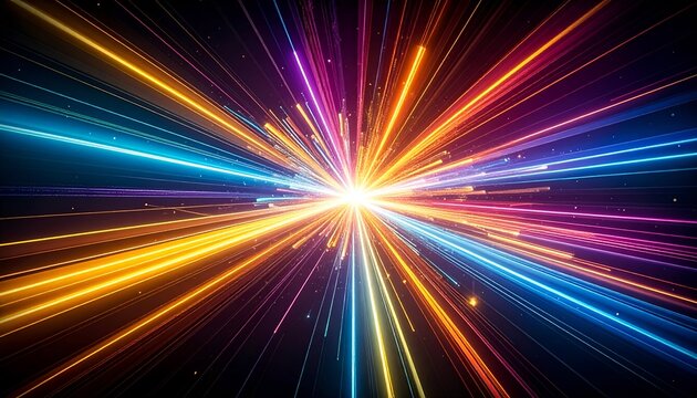Radiant burst of multicolored light streaks emanating from a central, bright point - Powered by Adobe